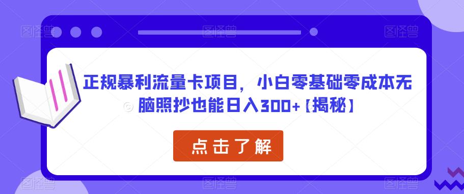 【第1210期】正规暴利流量卡项目，小白零基础零成本无脑照抄也能日入300+【揭秘】