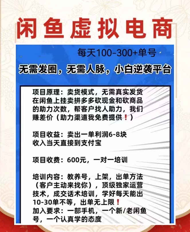 【第1820期】外边收费600多的闲鱼新玩法虚似电商之拼多多助力项目，单号100-300元 