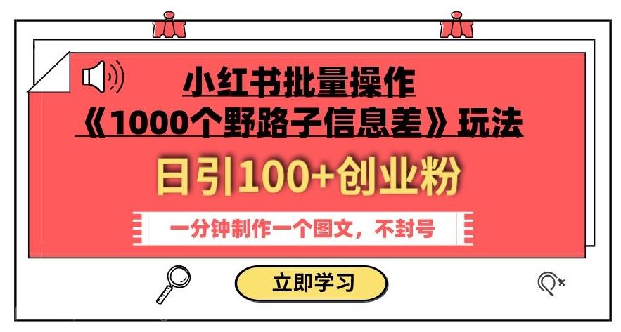 【第7018期】小红书批量操作《1000个野路子信息差》玩法，一分钟制作一个图文，不封号，日引100+创业粉