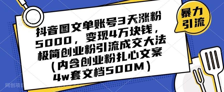 【第9515期】抖音图文单账号3天涨粉5000，变现4万块钱，极简创业粉引流成交大法