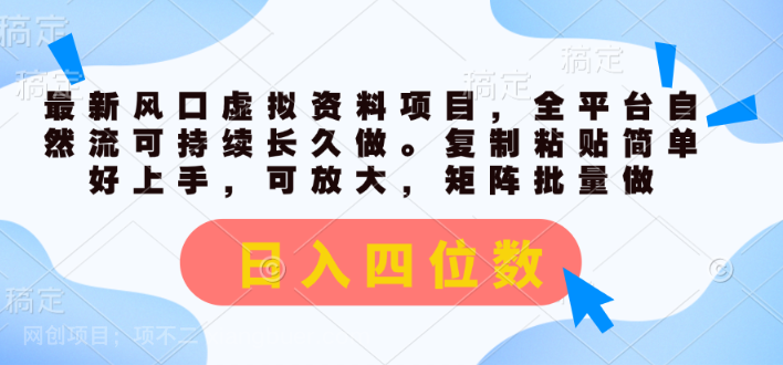 【第12349期】最新风口虚拟资料项目，全平台自然流可持续长久做。复制粘贴 日入四位数