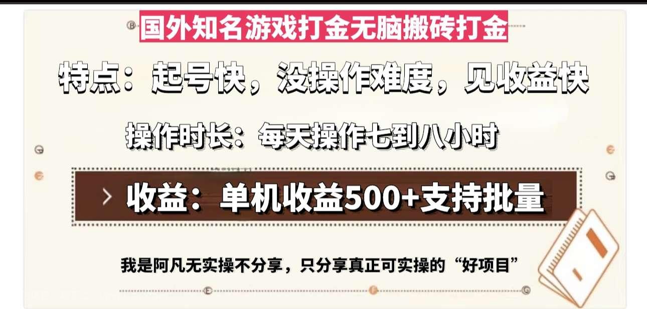 【第14396期】国外知名游戏打金无脑搬砖单机收益500，每天操作七到八个小时